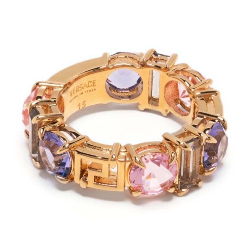 Authentic Versace Gold-Tone Pink & Lavender Crystal Signature Ring 5.5